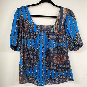 Vanitas Of California Blue Silk Boho Square Neck Blouse Womens XS Shirt Festival